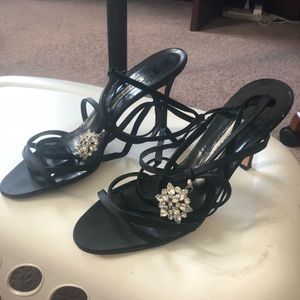 Manolo Blahnik Black Lace Up Heels with Crystal